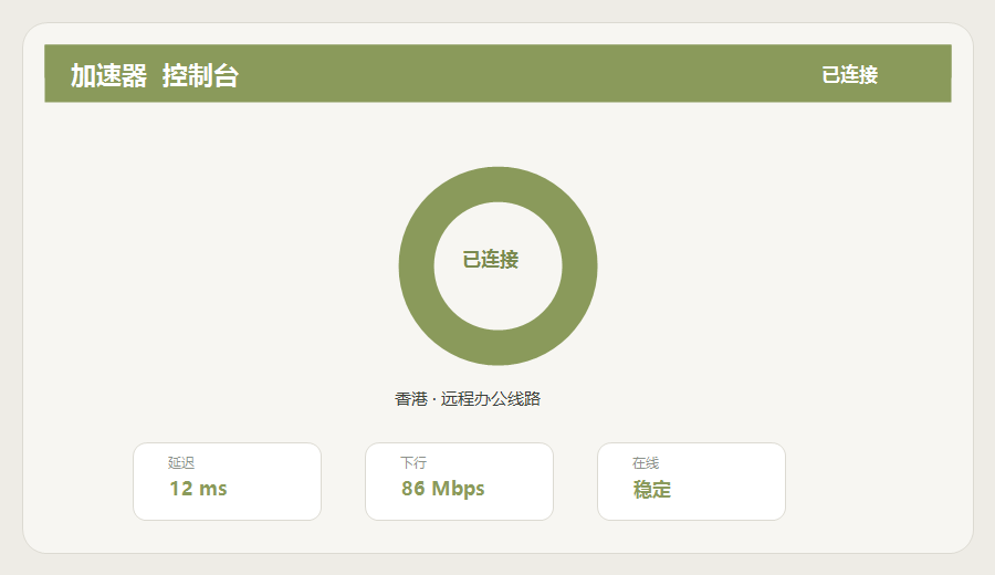 加速器客户端连接界面，已连上香港远程办公线路并显示延迟与测速